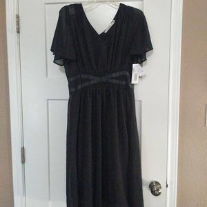 [M] Black Sheer Lined V-Neck Flutter Sleeve Midi Dress